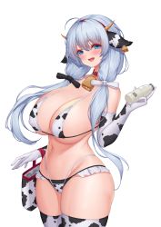 Rule 34 | 1girl, :d, absurdres, animal ears, animal print, azur lane, bag, bare shoulders, bell, bikini, blue eyes, blush, bottle, breasts, cameltoe, cleavage, cow ears, cow girl, cow horns, cow print, cowboy shot, elbow gloves, frills, gloves, highleg, highleg panties, highres, horns, huge breasts, illustrious (azur lane), long hair, looking at viewer, milk bottle, mole, mole under eye, navel, open mouth, panties, pinkcap, smile, solo, swimsuit, thighhighs, underwear, white background