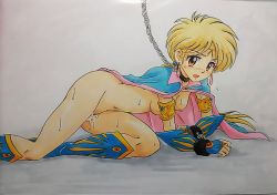 Rule 34 | 1girl, armband, ashigaki radar, bar censor, blonde hair, blue cape, blue footwear, blue gloves, blush, boots, breasts, bridal gauntlets, brown eyes, cape, censored, cleft of venus, dragon quest, dragon quest dai no daibouken, dress, earrings, gloves, jewelry, kneehighs, long hair, looking at viewer, lying, medium breasts, naked cape, open mouth, pink dress, ponytail, princess leona, pussy, pussy juice, socks, square enix, sweat, white background