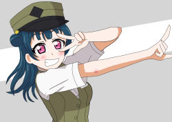 Rule 34 | 1girl, absurdres, artist name, artist request, blue hair, blush, breasts, buttons, female focus, green headwear, green vest, hair bun, highres, long hair, looking at viewer, love live!, love live! sunshine!!, parted lips, pink eyes, pointing, pointing at viewer, purple eyes, shirt, short sleeves, side bun, single hair bun, small breasts, smile, solo, teeth, tsushima yoshiko, upper body, v, v over eye, vest, white shirt