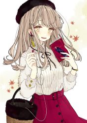 Rule 34 | 1girl, :d, akakura, basket, belt, belt buckle, black hat, black ribbon, blush, book, bookmark, bracelet, breasts, buckle, buttons, cable, commentary request, earphones, earrings, eyelashes, fur hat, hands up, hat, highres, holding, holding book, jewelry, leaf, long hair, long sleeves, looking at viewer, maple leaf, nail polish, neck ribbon, open book, open mouth, original, pink nails, purple skirt, ribbed sweater, ribbon, shirt tucked in, sidelocks, silver hair, single earphone removed, skirt, smile, solo, sweater, tassel, tassel earrings, teeth, turtleneck, turtleneck sweater, upper body, upper teeth only, white background, yellow eyes