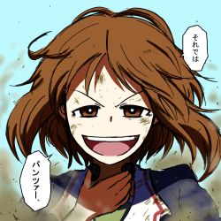 Rule 34 | 10s, 1girl, blue jacket, brown eyes, brown hair, comic, dust cloud, from behind, girls und panzer, jacket, long sleeves, looking at viewer, military, military uniform, nishizumi miho, noumen, open mouth, short hair, smile, solo, throat microphone, uniform