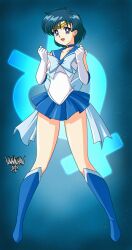Rule 34 | 1girl, :d, absurdres, back bow, bishoujo senshi sailor moon, blue background, blue bow, blue choker, blue eyes, blue footwear, blue hair, blue sailor collar, blue skirt, boots, bow, choker, danmakuman, elbow gloves, full body, gloves, hands up, happy, highres, leotard, looking at viewer, magical girl, mercury symbol, miniskirt, mizuno ami, open mouth, parted bangs, pleated skirt, sailor collar, sailor mercury, sailor senshi uniform, short hair, signature, skirt, smile, solo, standing, star (symbol), star choker, super sailor mercury, white gloves, white leotard