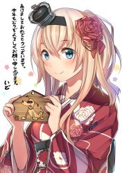 Rule 34 | 1girl, alternate costume, artist name, blonde hair, blue eyes, commentary request, crown, floral print, hair between eyes, ido (teketeke), japanese clothes, kantai collection, kimono, long hair, long sleeves, mini crown, new year, obi, sash, smile, solo, translation request, warspite (kancolle), white background, wide sleeves, yukata