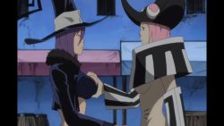 Rule 34 | 00s, 2girls, animated, animated gif, blair (soul eater), bouncing breasts, grabbing another&#039;s breast, breasts squeezed together, breasts, detached sleeves, grabbing, hat, jacket, jiggle, midriff, mizune (soul eater), multiple girls, pink hair, purple hair, soul eater, strapless, subtitled, tube top, underboob, witch hat