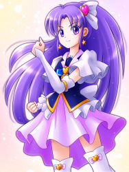 Rule 34 | 10s, 1girl, brooch, clenched hand, clenched hands, cure fortune, earrings, hair ornament, happinesscharge precure!, heart, heart brooch, heart hair ornament, highres, hikawa iona, jewelry, long hair, magical girl, mimimix, precure, purple eyes, purple hair, purple skirt, skirt, smile, solo, thighhighs, white background, white thighhighs, wide ponytail