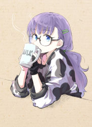 Rule 34 | 1girl, animal print, black gloves, blue eyes, breasts, coffeekite, contemporary, cow print, cup, drinking, fate/extra, fate/extra ccc, fate (series), glasses, gloves, hair ornament, hairclip, highres, long hair, long sleeves, looking at viewer, meltryllis (fate), mug, partially fingerless gloves, ponytail, purple hair, shirt, small breasts, very long hair, white shirt