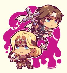Rule 34 | 2boys, armor, ball and chain (weapon), bat (animal), blonde hair, blue coat, blue eyes, castlevania (series), chibi, chibi only, closed mouth, coat, cross, frown, headband, holding, holding weapon, kotorai, male focus, multiple boys, no nose, richter belmont, signature, simon belmont, smile, torn clothes, torn sleeves, weapon, white background, white headband