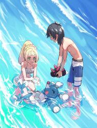 Rule 34 | 1boy, 1girl, :d, ^ ^, afloat, black hair, blonde hair, blue shorts, blue skin, brionne, closed eyes, colored skin, creatures (company), elio (pokemon), fangs, from above, game freak, gen 7 pokemon, green eyes, highres, holding, holding pokemon, lillie (pokemon), medium hair, nintendo, nyorotono, open mouth, pokemon, pokemon (creature), pokemon sm, pyukumuku, sea lion, shorts, smile, snout, wading, water, wet