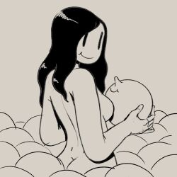 Rule 34 | 1930s (style), 1girl, ass, back, ball pit, bare back, black hair, breasts, butt crack, casual, completely nude, dimples of venus, happy, highres, holding, long hair, looking at viewer, looking back, mcbess, medium breasts, monochrome, no nose, nude, original, pale skin, sideboob, smile, testicles, y shaped butt crack