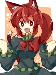 Rule 34 | 1girl, alternate hairstyle, animal ears, bad id, bad pixiv id, cat ears, cat girl, cat tail, fang, female focus, kaenbyou rin, kuromari (runia), long hair, long sleeves, multiple tails, open mouth, puffy sleeves, red eyes, red hair, solo, tail, touhou