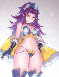 Rule 34 | 1girl, absurdres, anbe yoshirou, angela (seiken densetsu 3), armor, bare shoulders, bikini, bikini armor, bikini bottom only, black bikini, black choker, black gloves, boots, breasts, cape, choker, cowboy shot, from below, fur trim, gloves, green eyes, grey background, headgear, highres, long hair, looking at viewer, magus (seiken densetsu 3), medium breasts, navel, pointy ears, purple hair, revealing clothes, seiken densetsu, seiken densetsu 3, sidelocks, skindentation, solo, standing, stomach, string bikini, swimsuit, thigh boots, thighhighs, thighs
