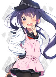 Rule 34 | 1girl, akatsuki (kancolle), alternate hairstyle, anchor symbol, apron, black hat, black pantyhose, black sailor collar, black skirt, commentary request, flat cap, hat, heart, highres, index finger raised, jabittoson, kantai collection, long hair, long sleeves, neckerchief, one eye closed, open mouth, pantyhose, pink apron, pleated skirt, purple eyes, purple hair, red neckerchief, sailor collar, school uniform, serafuku, skirt, smile, solo, twintails, valentine
