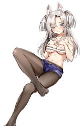 Rule 34 | 1girl, absurdres, animal ears, bare shoulders, black pantyhose, blush, breasts, copyright request, cutoffs, denim, denim shorts, grey hair, hands on own chest, highres, leg up, long hair, medium breasts, navel, open pants, own hands together, pants, pantyhose, parted bangs, purple eyes, sarashi, short shorts, shorts, simple background, sitting, smile, solo, sunege (hp0715), two side up, white background