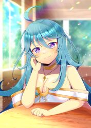 Rule 34 | 1girl, ahoge, blue hair, blurry, blurry background, breasts, cleavage, closed mouth, commentary request, commission, copyright request, crescent, day, depth of field, dress, hair between eyes, hand up, indoors, kou hiyoyo, large breasts, long hair, looking at viewer, off-shoulder dress, off shoulder, purple eyes, red pupils, skeb commission, smile, solo, table, very long hair, virtual youtuber, white dress