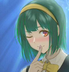 Rule 34 | 1girl, ;), blush, bow, bowtie, finger to mouth, fingernails, green hair, hairband, idolmaster, idolmaster (classic), looking at viewer, mole, mole under mouth, nail polish, one eye closed, otonashi kotori, red eyes, short hair, smile, solo, y sir, yellow bow, yellow bowtie, yellow hairband