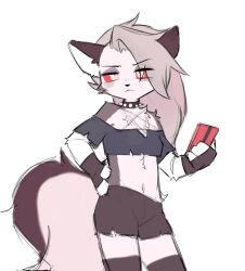 Rule 34 | 1girl, animal ears, black gloves, black shirt, black shorts, black thighhighs, cellphone, collar, colored sclera, crayon (crayon1006), crop top, female focus, fingerless gloves, frown, furry, furry female, gloves, grey hair, hand on own hip, helluva boss, highres, holding, holding phone, long hair, looking at viewer, loona (helluva boss), midriff, navel, phone, red sclera, shirt, shorts, smartphone, solo, spiked collar, spikes, standing, thighhighs, white background, white eyes
