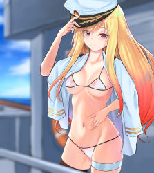 Rule 34 | 1girl, absurdres, bikini, bikini top only, blonde hair, breasts, cleavage, closed mouth, collarbone, hand on headwear, hat, highres, holding, holding clothes, holding hat, jacket, jacket on shoulders, long hair, looking at viewer, medium breasts, military hat, navel, purple eyes, septet (zrca janne), simple background, smile, solo, standing, stomach, swimsuit, white hat, white jacket, world of warships
