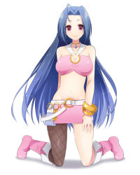 Rule 34 | 1girl, ahoge, asymmetrical clothes, bare shoulders, blue hair, blush, boots, bracelet, breasts, cleavage, cleavage cutout, clothing cutout, fishnet pantyhose, fishnets, full body, hattori masaki, idolmaster, idolmaster (classic), jewelry, knee boots, kneeling, large breasts, long hair, looking at viewer, microskirt, miniskirt, miura azusa, navel, necklace, pantyhose, pink eyes, shadow, shiny skin, shirt, simple background, skirt, smile, solo, taut clothes, taut shirt, thighhighs, very long hair