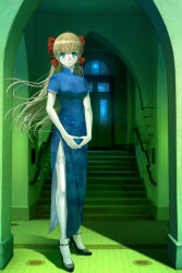 Rule 34 | 00s, 1girl, absurdres, blonde hair, blue eyes, blush, bow, china dress, chinese clothes, denhijou niki, door, dress, earrings, hair bow, high heels, highres, jewelry, kaze no stigma, leaf, leaf print, long hair, long legs, maple leaf, shadow, shoes, side slit, solo, stairs, standing, strappy heels, thighhighs, white thighhighs, window