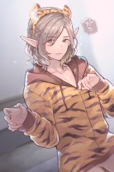 Rule 34 | 1boy, animal ears, blurry, blush, bottomless, braid, chinese zodiac, claw pose, collarbone, depth of field, drawstring, dungeon meshi, elf, extra ears, fake animal ears, french braid, grey eyes, grey hair, hair between eyes, hairband, highres, hood, hood down, jack (haist), long sleeves, looking at viewer, male focus, mithrun, out-of-frame censoring, pointy ears, sleeves past wrists, smile, solo, tiger ears, tiger stripes, upper body, wavy hair, year of the tiger