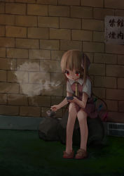 Rule 34 | 1girl, :o, absurdres, ascot, blonde hair, brick wall, cellphone, cigarette, crocs, cup, female focus, flandre scarlet, hair ribbon, highres, koro souya, looking down, no headwear, no headwear, outdoors, phone, red eyes, ribbon, rock, safety pin, shoes, short hair, sign, single shoe, sitting, sitting on rock, skirt, skirt set, smartphone, smoking, solo, teacup, toe scrunch, toes, touhou, trash bag, wings