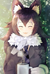 Rule 34 | 10s, 1girl, ^ ^, ancolatte (onikuanco), animal ears, black hair, blush, closed eyes, facing viewer, fang, grey wolf (kemono friends), highres, kemono friends, long hair, necktie, parted lips, smile, solo, upper body, wolf ears