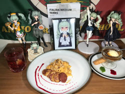 Rule 34 | 1girl, 2d dating, absurdres, alcohol, anchovy (girls und panzer), belt, black cape, black dress, black footwear, black ribbon, black shirt, book, boots, bow, cape, colosseum, commentary, contrapposto, dress, drill hair, eating, english commentary, figure, food, girls und panzer, green hair, green skirt, hair between eyes, hair bow, hair ornament, headdress, highres, holding, holding food, ice cream, italian flag, italian text, long sleeves, meat, military, military uniform, multiple views, neck ribbon, necktie, official alternate costume, orange eyes, pants, pantyhose, pasta, photo (medium), photo (object), pizza, pleated skirt, puffy short sleeves, puffy sleeves, ribbon, shirt, short sleeves, skirt, sleeveless, sleeveless dress, sleeves rolled up, standing, standing on one leg, table, thigh boots, thighhighs, twin drills, twintails, uniform, waitress, waitress uniform, whiskey, white shirt, white thighhighs, yellow shirt