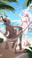 Rule 34 | 2girls, absurdly long hair, absurdres, ankle strap, ass, azur lane, beach, bespectacled, bikini, bird, blue sky, braid, breasts, brown horns, butt crack, chinese commentary, choker, cleavage, cloud, cocktail glass, collarbone, commentary request, cup, dark-skinned female, dark skin, day, drinking glass, food, food on hand, fruit, full body, glasses, gokusaishouku, gold, hair between thighs, hair over breasts, hair over one breast, hair over one eye, hammock, highres, holding, holding cup, holding sandals, holding spoon, horn ornament, horns, jewelry, large breasts, large horns, long hair, looking at viewer, looking back, low-braided long hair, low-tied long hair, low twin braids, manjuu (azur lane), multi-strapped swimsuit, multicolored hair, multiple girls, navel, official alternate costume, one-piece swimsuit, outdoors, outstretched arm, owari (azur lane), owari (shimmering forsythia) (azur lane), palm leaf, purple-tinted eyewear, purple bikini, purple choker, purple eyes, purple hair, sand, sandals, scrunchie, shadow, sitting, sky, spoon, strawberry parfait, streaked hair, summer, swimsuit, thighlet, tinted eyewear, tongue, tongue out, twin braids, two-tone bikini, two-tone hair, unworn sandals, unzen (azur lane), unzen (sojourn through clear seas) (azur lane), very long hair, walking, water, watermelon, white bikini, white bird, white hair, white one-piece swimsuit, wrist scrunchie