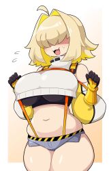 Rule 34 | 1girl, absurdres, ahoge, black gloves, black sports bra, blonde hair, border, breasts, crop top, cropped sweater, daigada, elegg (nikke), fang, flying sweatdrops, gloves, goddess of victory: nikke, gradient background, grey shorts, hair intakes, hair over eyes, highres, inset border, large breasts, long bangs, micro shorts, multicolored clothes, multicolored gloves, multicolored hair, navel, open mouth, plump, shaded face, short hair, shorts, skin fang, smile, solo, sports bra, suspender shorts, suspenders, sweat, sweatdrop, thick thighs, thighs, white background, white border, yellow background, yellow gloves