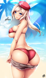 Rule 34 | 10s, 1girl, alisa ilinichina amiella, ass, ass support, bare shoulders, beach, bikini, blonde hair, blue eyes, breasts, butt crack, character name, cowboy shot, day, from behind, god eater, god eater 2: rage burst, hat, highres, huge ass, huge breasts, large breasts, long hair, looking at viewer, red bikini, signature, skindentation, smile, solo, swimsuit, underboob, watanuki kaname
