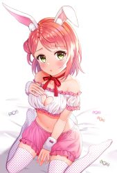 Rule 34 | 1girl, animal ears, bad id, bad pixiv id, between legs, choker, cleavage cutout, clothing cutout, crop top, frilled shirt, frills, green eyes, hand on own chest, heart cutout, highres, looking at viewer, love live!, love live! nijigasaki high school idol club, love live! school idol project, midriff, navel, no shoes, off-shoulder shirt, off shoulder, parted lips, pink hair, pink shorts, polka dot, rabbit ears, rabbit tail, red choker, ribbon choker, saki usagi, shirt, short hair, short shorts, shorts, simple background, sitting, solo, stomach, tail, thighhighs, uehara ayumu, wariza, white background, white shirt, white thighhighs, wrist cuffs