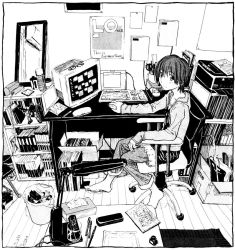 Rule 34 | 1girl, air conditioner, barefoot, bookshelf, chair, comic lo, computer, drawing tablet, glasses, greyscale, ikagawa, indoors, interior, keyboard (computer), lamp, mirror, monitor, monochrome, mouse (computer), office chair, pencil, quzilax, room, roomscape, short hair, sitting, skirt, solo, swivel chair, trash can, wacom