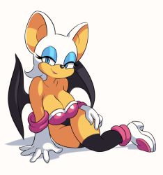 Rule 34 | 1girl, animal ears, bare shoulders, bat ears, bat girl, bat wings, black thighhighs, black wings, blue eyes, breasts, cleavage, colored skin, eyeshadow, full body, furry, furry female, gloves, heart, large breasts, looking at viewer, makeup, orange skin, over-kneehighs, rouge the bat, shoes, simple background, sitting, solo, sonic (series), thighhighs, white background, white footwear, white fur, white gloves, wings, yuta agc