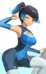 Rule 34 | 1girl, armpits, arms behind head, arms up, blue hair, blue sky, bodysuit, chest jewel, detached sleeves, diving suit, fiery hair, glowing lines, gonzarez, highres, legs together, looking at viewer, off shoulder, official alternate costume, sena (xenoblade), side ponytail, sky, smile, solo, swimsuit, wetsuit, xenoblade chronicles (series), xenoblade chronicles 3