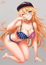 Rule 34 | 1girl, all fours, american flag, american flag bikini, american flag print, bare shoulders, barefoot, bikini, blonde hair, blue eyes, blue nails, blush, bra, breasts, cleavage, clothes writing, collarbone, flag print, grey background, grin, hair between eyes, hand up, hat, highres, iowa (kancolle), kantai collection, large breasts, long hair, looking at viewer, messy hair, nail polish, navel, one eye closed, panties, sakiyamama, signature, simple background, smile, solo, star-shaped pupils, star (symbol), swimsuit, symbol-shaped pupils, thighs, underwear, united states, white nails