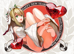 Rule 34 | 1girl, ahoge, bad id, bad pixiv id, bare shoulders, barefoot, blonde hair, blush, breasts, detached collar, detached sleeves, fate/extra, fate/extra ccc, fate/grand order, fate (series), feet, flower wreath, gem, green eyes, hair between eyes, hair intakes, happy new year, head wreath, heart, large breasts, legs, leotard, long hair, looking at viewer, nero claudius (bride) (fate), nero claudius (bride) (second ascension) (fate), nero claudius (fate), nero claudius (fate) (all), new year, open mouth, puffy sleeves, red gemstone, smile, soles, solo, toes, veil, white leotard, wide sleeves, ysmmzr