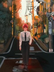 Rule 34 | 1girl, autumn, black necktie, black pants, braid, braided ponytail, bush, chainsaw man, collared shirt, halo, hand in pocket, highres, light smile, looking at viewer, makima (chainsaw man), medium hair, necktie, niroxin, orange hair, outdoors, pants, power lines, red hair, road, shirt, sidelocks, solo, standing, street, utility pole, white shirt, wide shot