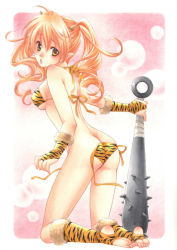 Rule 34 | 1girl, animal print, ass, bad id, bad pixiv id, barefoot, bikini, blonde hair, breasts, bridal gauntlets, brown eyes, butt crack, feet, female focus, full body, gradient background, horns, jpeg artifacts, kneehighs, looking back, oni, open mouth, original, pointy ears, side-tie bikini bottom, socks, solo, swimsuit, tiger print, toeless legwear, traditional media, trimcolor, twintails, weapon