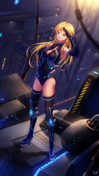 Rule 34 | absurdres, bare shoulders, blonde hair, blue eyes, breasts, cleavage cutout, clothing cutout, covered navel, elbow gloves, full body, gloves, glowing, highres, large breasts, leotard, looking at viewer, luo qingyu, mecha, original, robot, salute, solo, standing, thighhighs