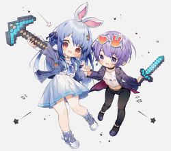 Rule 34 | 1girl, 2girls, :d, black pants, blue footwear, blue hair, blue jacket, blush, carrot hair ornament, commentary, dress, english commentary, eyewear on head, food-themed hair ornament, hair ornament, heart, heart-shaped eyewear, highres, holding, holding hands, holding pickaxe, holding sword, holding weapon, hololive, hololive indonesia, jacket, long hair, long sleeves, looking at viewer, minecraft, minecraft pickaxe, minecraft sword, moona hoshinova, moona hoshinova (3rd costume), moona hoshinova (casual), multiple girls, nemui mori, official alternate costume, open clothes, open jacket, open mouth, pants, pickaxe, purple eyes, purple hair, purple jacket, rabbit-shaped eyewear, red eyes, shirt, shoes, short eyebrows, short hair, smile, solo, star (symbol), sunglasses, sword, thick eyebrows, usada pekora, usada pekora (casual), v-shaped eyebrows, virtual youtuber, weapon, white dress, white shirt