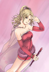 Rule 34 | 1girl, bare shoulders, blonde hair, breasts, cape, detached sleeves, dress, earrings, final fantasy, final fantasy vi, jewelry, kuroinu (lock heart), long hair, looking at viewer, ponytail, ribbon, simple background, skirt, solo, sword, tina branford, weapon