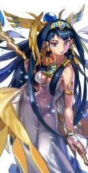 Rule 34 | 1girl, bad id, bad pixiv id, bare shoulders, blue eyes, blue hair, bracelet, breasts, dress, emmmerald, hair tubes, hairband, isis (p&amp;d), jewelry, long hair, looking at viewer, lots of jewelry, matching hair/eyes, puzzle &amp; dragons, small breasts, smile, solo, staff, white dress