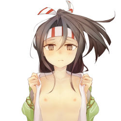 Rule 34 | 10s, 1girl, bad id, bad pixiv id, black hair, brown eyes, flat chest, headband, highres, kantai collection, long sleeves, negaeri (nemurieri), nipples, personification, ponytail, solo, white background, zuihou (kancolle)