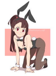 Rule 34 | 1girl, all fours, animal ears, arikindows10, black leotard, black pantyhose, blush, breasts, brown hair, cleavage, closed mouth, fake animal ears, fake tail, kagari atsuko, leotard, little witch academia, long hair, looking at viewer, pantyhose, playboy bunny, rabbit ears, rabbit tail, red eyes, signature, small breasts, smile, solo, tail