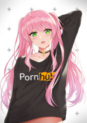Rule 34 | 1girl, ahoge, arm behind head, arm up, black choker, black shirt, choker, clothes writing, collarbone, crop top, fangs, green eyes, highres, long hair, long sleeves, looking at viewer, open mouth, original, pink hair, pornhub, rko (a470350510), shirt, simple background, slit pupils, solo, twintails, upper body, white background