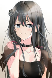Rule 34 | 1girl, absurdres, black dress, black flower, black hair, blue eyes, bracelet, breasts, choker, cleavage, closed mouth, collarbone, dress, flower, hair between eyes, hair flower, hair ornament, hair ribbon, highres, jewelry, long hair, looking at viewer, nonbire, red ribbon, ribbon, short sleeves, small breasts, smile, solo, straight hair, upper body, very long hair, white background, yahari ore no seishun lovecome wa machigatteiru., yukinoshita yukino