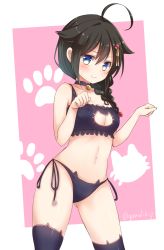 Rule 34 | 10s, 1girl, ahoge, alternate costume, animal ear legwear, bell, black hair, black pants, black thighhighs, blue eyes, blush, braid, breasts, cat, cat cutout, cat ear legwear, cat ear panties, cat lingerie, choker, cleavage, cleavage cutout, clothing cutout, collarbone, cowboy shot, emilion, frills, gluteal fold, hair flaps, hair ornament, hair over shoulder, hands up, jingle bell, kantai collection, long hair, looking at viewer, meme attire, navel, neck bell, panties, pants, paw pose, paw print, pink background, shigure (kancolle), shigure kai ni (kancolle), side-tie panties, single braid, smile, solo, stomach, sweat, thighhighs, underwear, underwear only