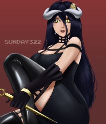 Rule 34 | 1girl, absurdres, albedo (overlord), black dress, black hair, cosplay, dress, elbow gloves, gloves, hair ornament, highres, horns, long hair, looking at viewer, overlord (maruyama), red background, solo, spy x family, sunday322, thighhighs, yellow eyes, yor briar, yor briar (cosplay)