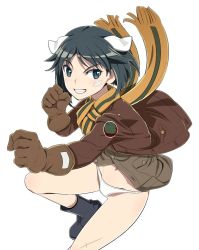 Rule 34 | 1girl, animal ears, bandaid, bandaid on face, black hair, blue eyes, blush, brave witches, brown gloves, brown jacket, clenched hands, dog ears, gloves, groin, jacket, kanno naoe, looking at viewer, military, military uniform, monochrome background, nanashino, navel, panties, parted lips, scarf, shiny skin, short hair, simple background, solo, teeth, underwear, uniform, white background, white panties, world witches series