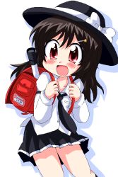 Rule 34 | 1girl, :d, backpack, bag, blush, child, female focus, flat chest, geetsu, ghostly field club, hair ornament, hairclip, hat, necktie, open mouth, randoseru, red eyes, skirt, smile, solo, touhou, usami renko